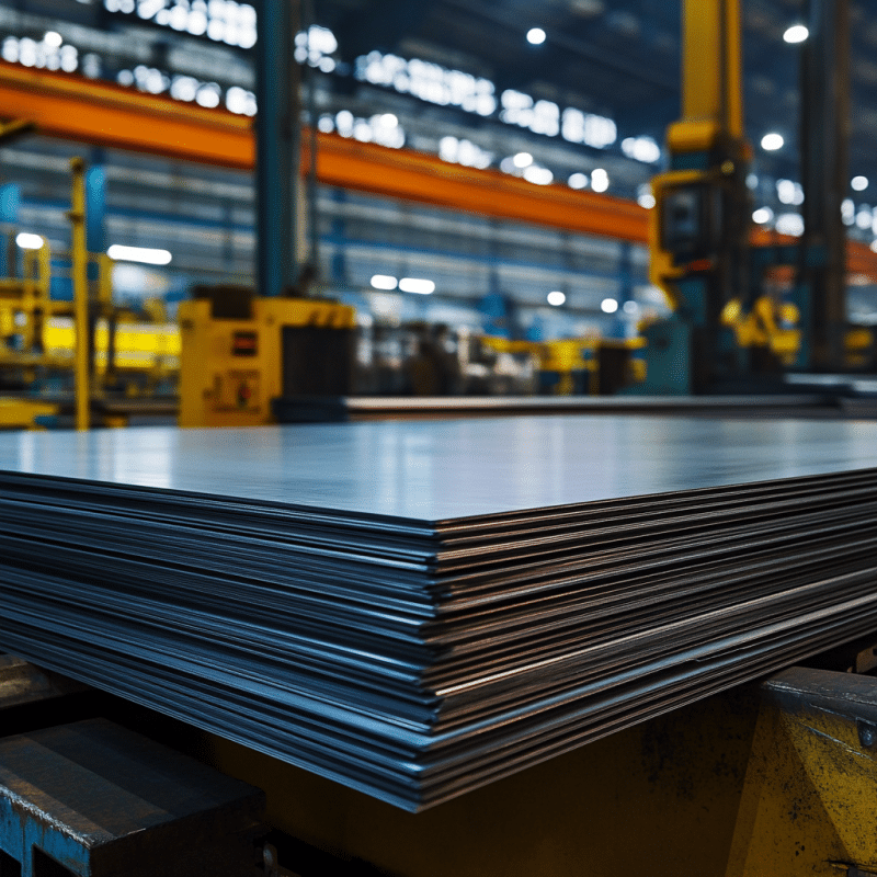 Ein hoher Stapel Metallbleche liegt in einer Werkhalle unter gelbem Kranlicht.
