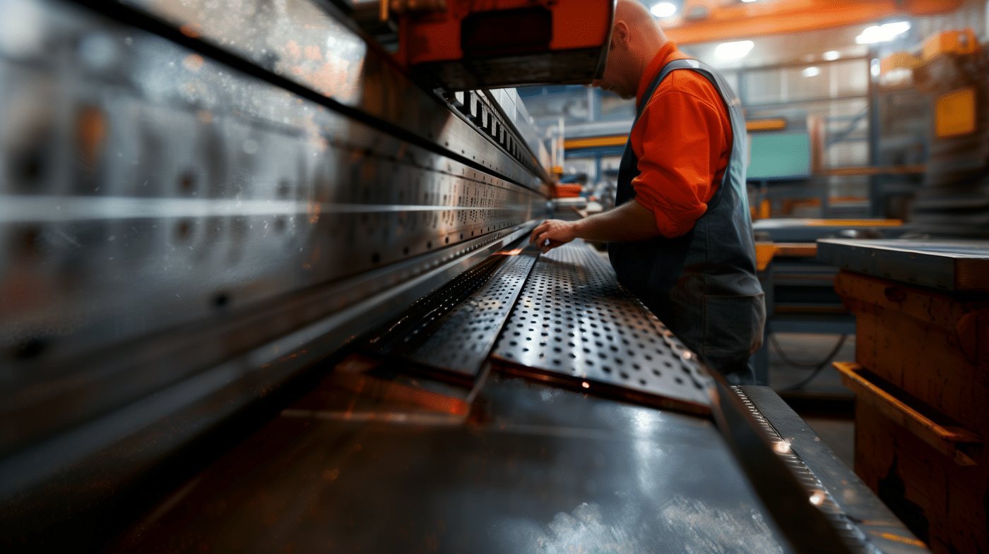 Die Metallplatte wird präzise in der Werkstatt gekantet.