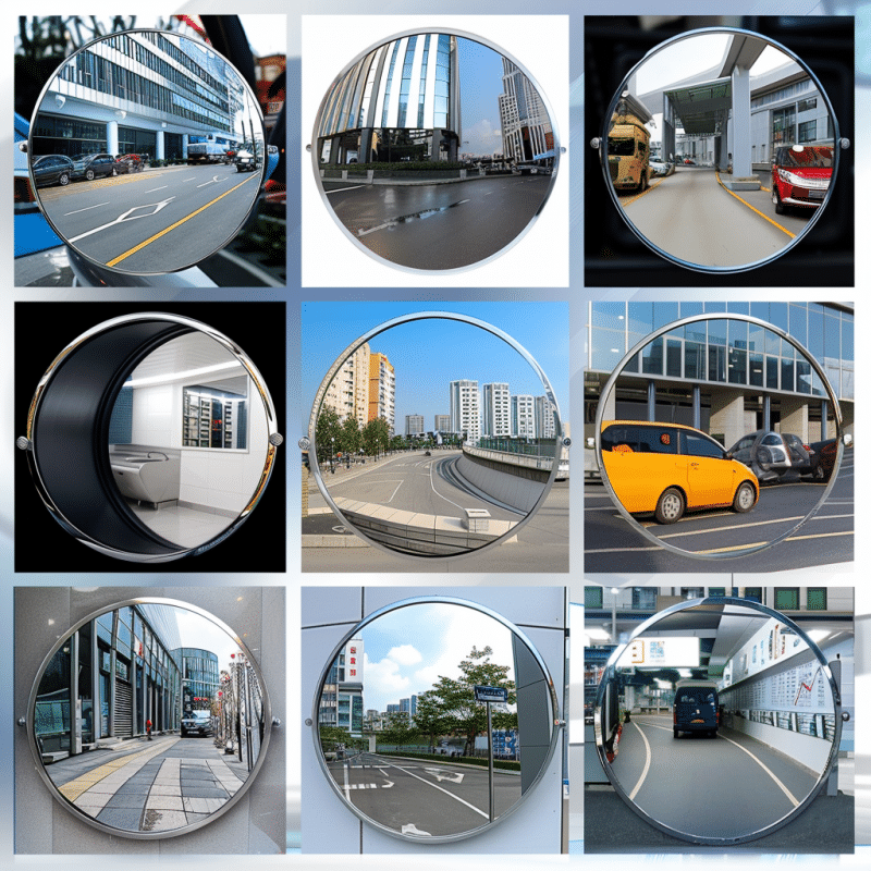 Die neun Verkehrsspiegel zeigen verschiedene Straßenszenen aus weiten Blickwinkeln.