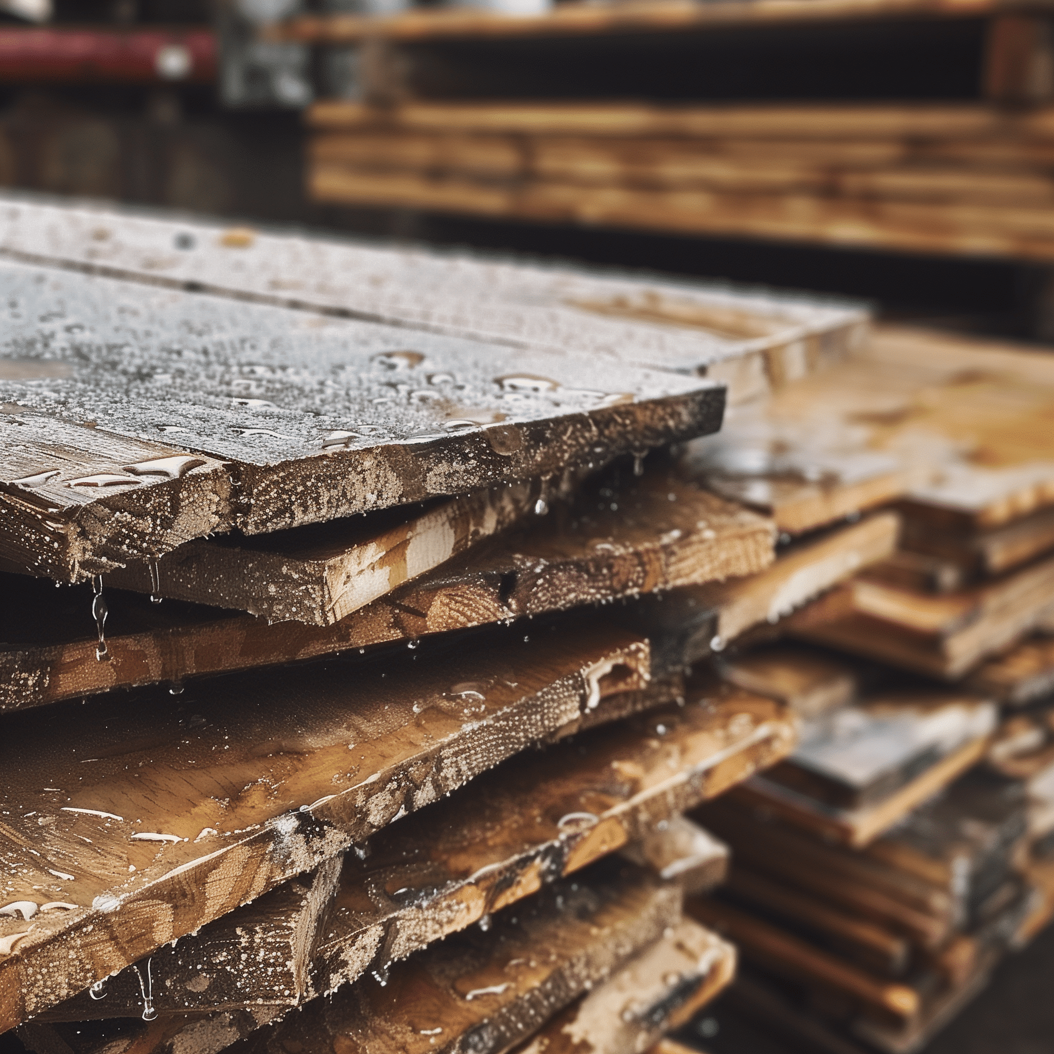 Die grob zugesägten Bohlen liegen übereinander in der Werkstatt.