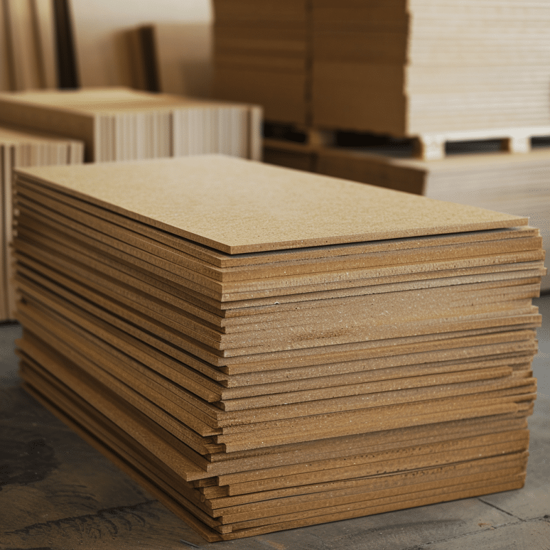 Die zugeschnittenen MDF-Platten sind ordentlich zu einem Stapel geschichtet.