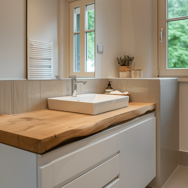 Die Waschtischplatte aus Holz harmoniert mit dem hellen, modernen Badezimmer.