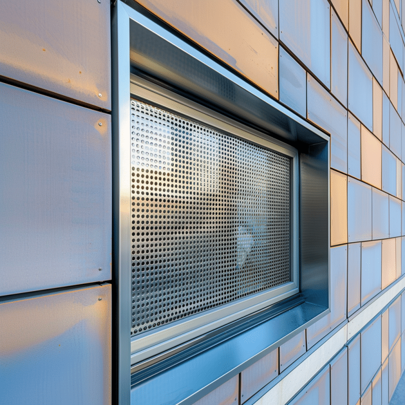 Das Fassadenfenster ist mit einem feinen Lochblech geschützt.